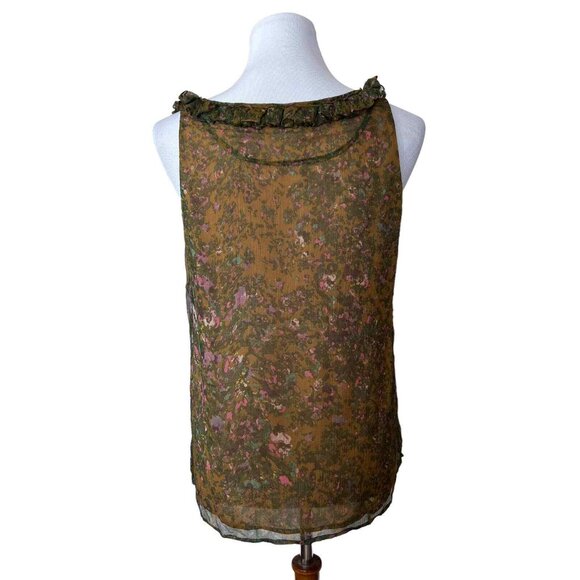 J. Crew Brown Moody Floral Silk Blouse Sleeveless Top Size 10 Ruffle Neck Collar - Picture 4 of 5